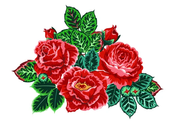 Botões Rosas Folhas Ilustração Vetorial Isolada Sobre Fundo Branco Para — Vetor de Stock