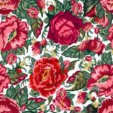Gül tomurcukları ve yapraklarla kusursuz desen. Beyaz arka planda grafiksel görüntü. Şal, mendil, düğünler, elbiseler, kumaşlar, duvar kağıtları, desen, dijital kağıt, kostüm tasarımı için.