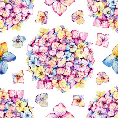 Ortanca çiçekleriyle kusursuz desen. El yapımı suluboya illüstrasyon yakın plan. Düğün malzemelerinin tasarımı, davetiyeler, tebrikler, kapak, kapak, kapak, duvar kağıdı, kapak