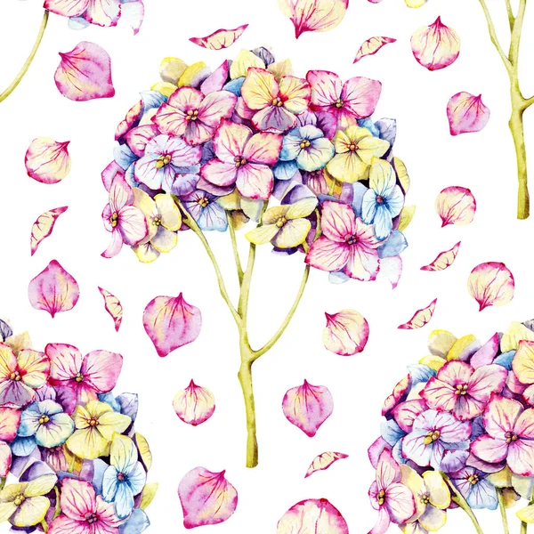 Seamless pattern with hydrangea flowers. Handmade watercolor illustration close up. For the design of wedding printed materials, invitations, congratulations, cover, clipart, wallpaper, wrapper, cover