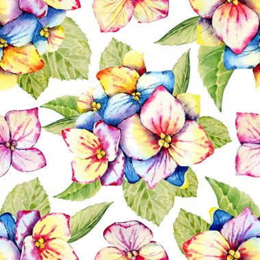 Ortanca çiçekleriyle kusursuz desen. El yapımı suluboya illüstrasyon yakın plan. Düğün malzemelerinin tasarımı, davetiyeler, tebrikler, kapak, kapak, kapak, duvar kağıdı, kapak