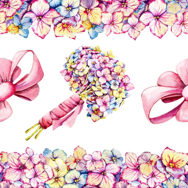 Απρόσκοπτη Μοτίβο Λουλούδια Ορτανσία Μπουκέτο Κορδέλα Χειροποίητη Ακουαρέλα Από Κοντά — Φωτογραφία Αρχείου