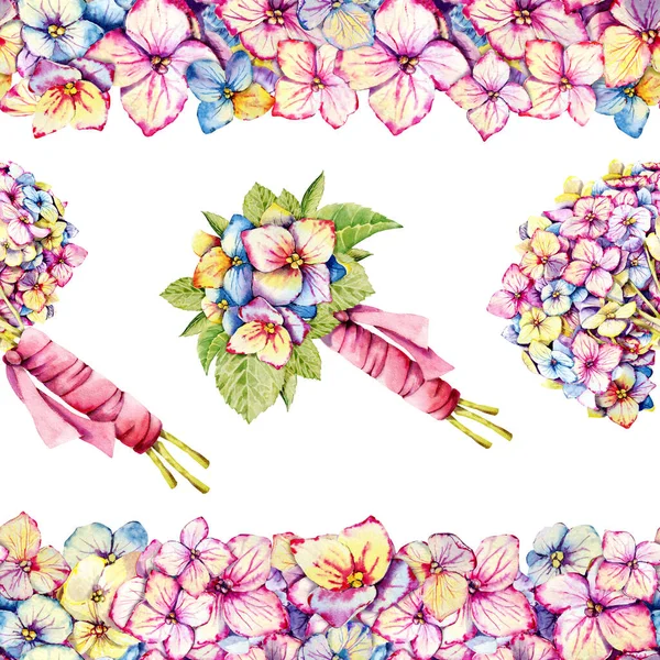 Seamless pattern with hydrangea flowers, bouquet with ribbon. Handmade watercolor illustration close up. For the design of wedding printed materials, invitations, clipart, wallpaper, wrapper, cover