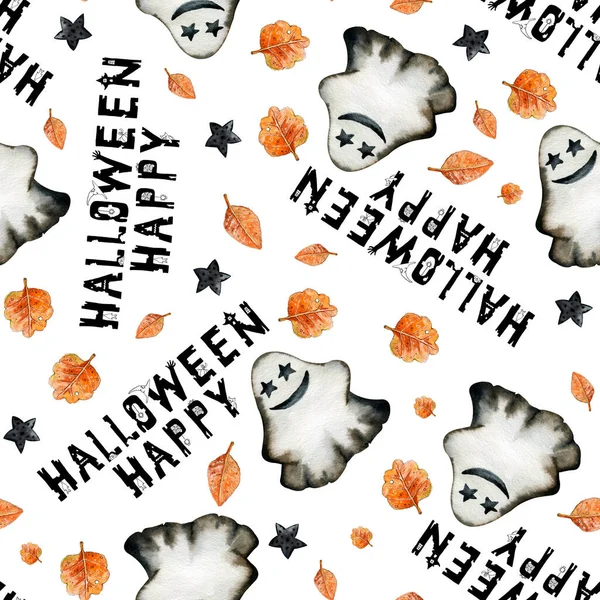 Бесшовный рисунок с призраком и надписью Счастливого Хэллоуина. Акварель на белом фоне. Дизайн для открытки, упаковки, обертки, обоев, приглашения, поздравления — стоковое фото