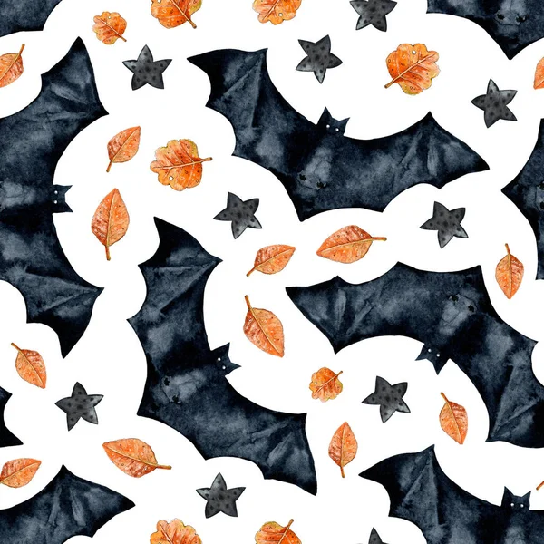 Naadloos patroon met een vleermuis en herfstbladeren voor Halloween vakantiedecor. Handgetekende aquarel illustratie geïsoleerd op witte achtergrond. Ontwerp voor ansichtkaarten, verpakkingen, wikkels, behang — Stockfoto