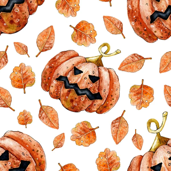 Calabaza vegetal con cara para la decoración navideña de Halloween. Patrón sin costuras. Ilustración de acuarela para el diseño de impresión, pared, bandera, plantilla, tarjeta, saludo, invitación, papel pintado, embalaje —  Fotos de Stock