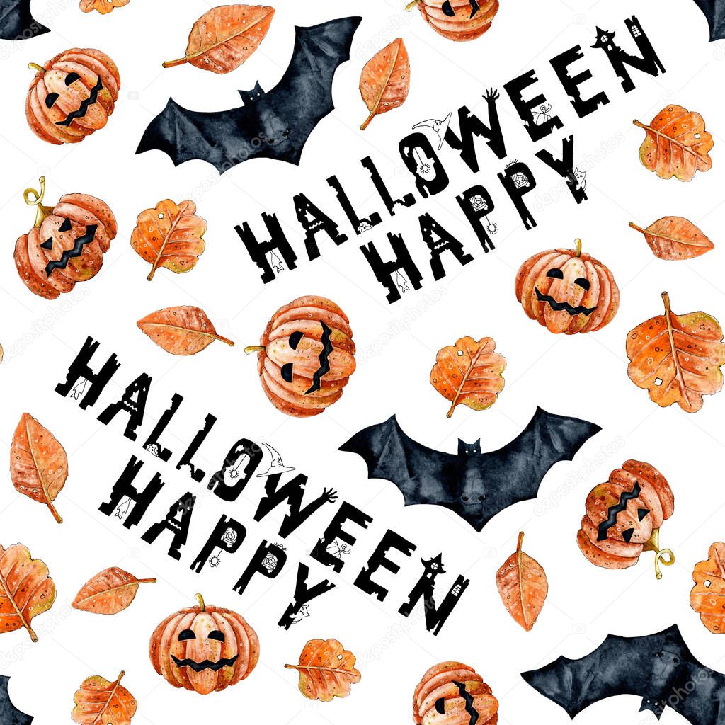 Seamless pattern with bat and inscription Happy Halloween. Watercolor illustration on a white background. Design for postcard, packaging, wrapper, wallpaper, invitation, congratulation