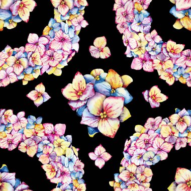 Ortanca çiçekleriyle kusursuz desen. El yapımı suluboya illüstrasyon yakın plan. Düğün malzemelerinin tasarımı, davetiyeler, tebrikler, kapak, kapak, duvar kâğıdı, ambalaj