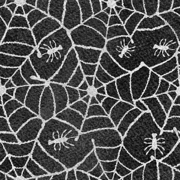 Seamless pattern with pak and cobwebs. Hand drawn watercolor illustration. Product design for happy halloween holiday, holiday background, wallpaper, packaging, wrapper, cover