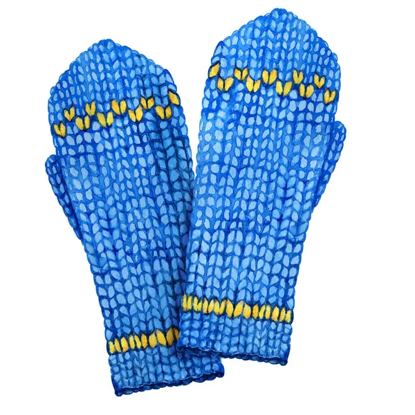 冬季或秋季蓝色针织手套 手绘特写水彩画 针织品 针织品 标签的名片设计 — 图库照片