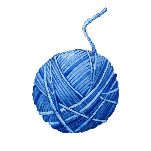 Bola Azul Hilo Lana Para Tejer Ilustración Acuarela Dibujada Mano — Foto de Stock