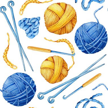 Kusursuz desenler örgü iplikleri ve örgü iğneleri. Beyaz arka planda elle çizilmiş suluboya çizimi. Needlewoman, örgü logosu tasarımı.