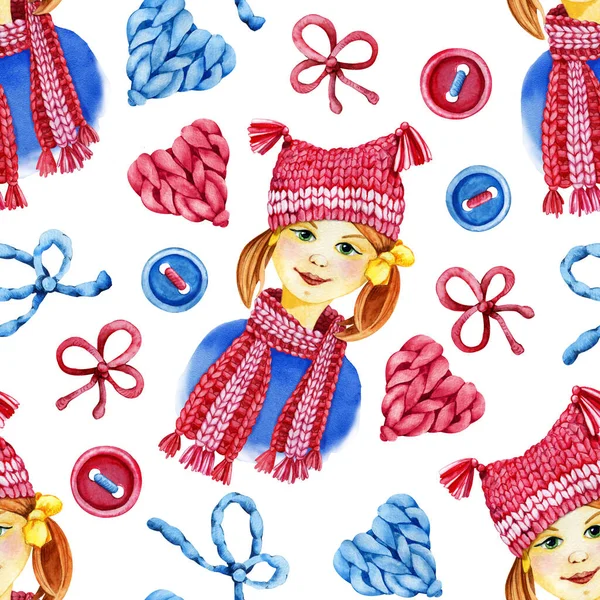 Seamless Pattern Girl Knitted Hat Scarf Mittens Yarn Knitting Crocheting — Stock Photo, Image
