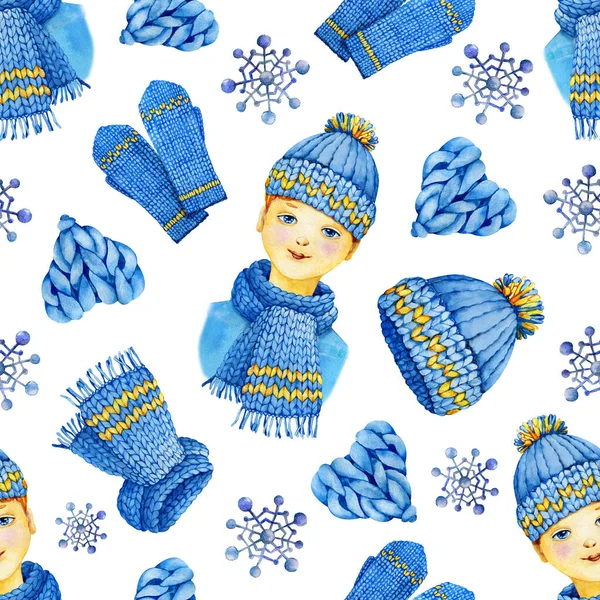 Seamless Pattern Boy Knitted Hat Scarf Mittens Yarn Knitting Crocheting — Stock Photo, Image