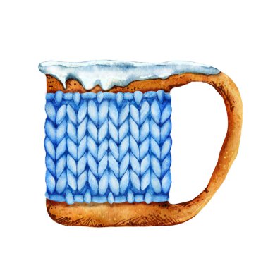 Seramik kil bardak, bir fincan çay ya da örgü elbiseli kahve. Yakın plan suluboya çizimi beyaz arkaplanda izole edilmiş. Çay seremonisi ve ev konforu..