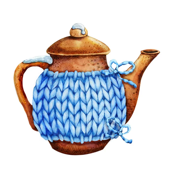 陶瓷黏土茶壶,针织衣服.在白色背景上孤立的特写水彩画。茶道与家庭舒适的概念 — 图库照片