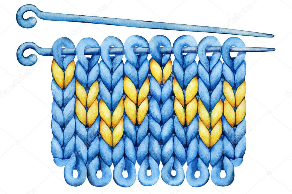 Knitted fabric with a pattern and knitting needles. Watercolor hand drawn illustration isolated on white background
