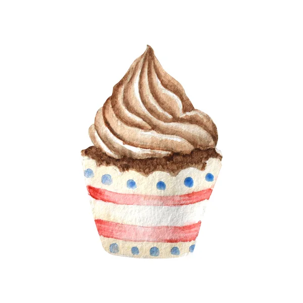 Aquarell-Cupcake, handgezeichnete köstliche Essensillustration, Kuchen isoliert auf weißem Hintergrund. — Stockfoto