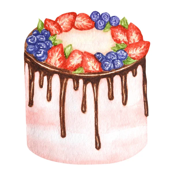 Birthday and wedding watercolor cake on white background. Sweet hand drawn desert. — Stock Photo, Image