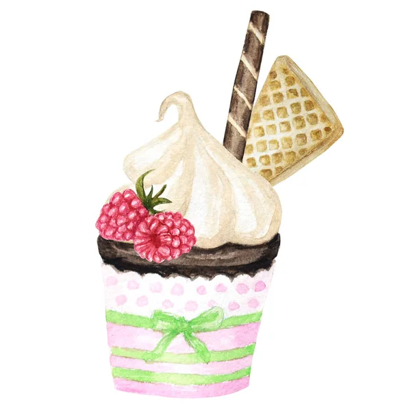 Aquarell-Cupcake, handgezeichnete köstliche Essensillustration, Kuchen isoliert auf weißem Hintergrund. — Stockfoto