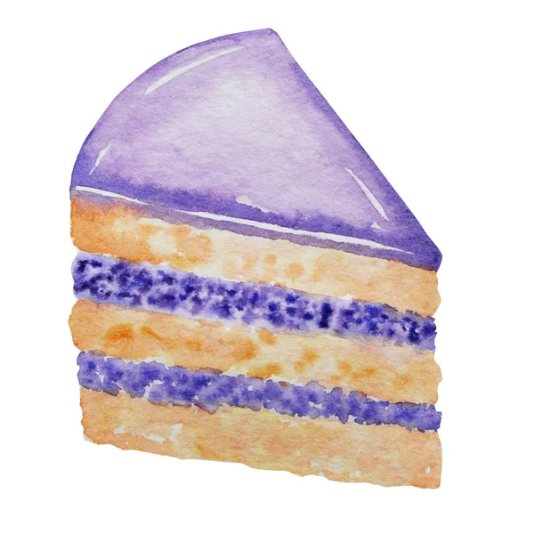 Acuarelă bucată de tort stratificat pe fundal alb. Mână desenată felie de tort ilustrație izolată. Desert dulce cu crema si biscuit . — Fotografie, imagine de stoc