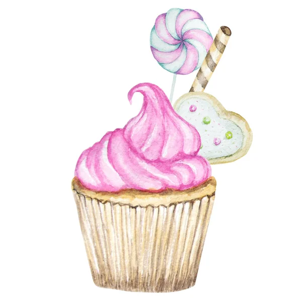 Cupcake aquarela, mão desenhada deliciosa ilustração de alimentos, bolo isolado no fundo branco . — Fotografia de Stock