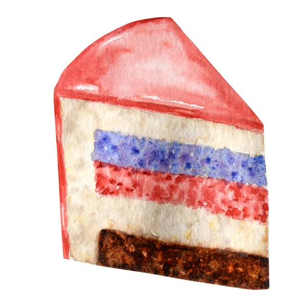 Pedaço de aquarela de bolo em camadas no fundo branco. Corte de bolo desenhado à mão ilustração isolada. Sobremesa doce com creme e biscoito . — Fotografia de Stock