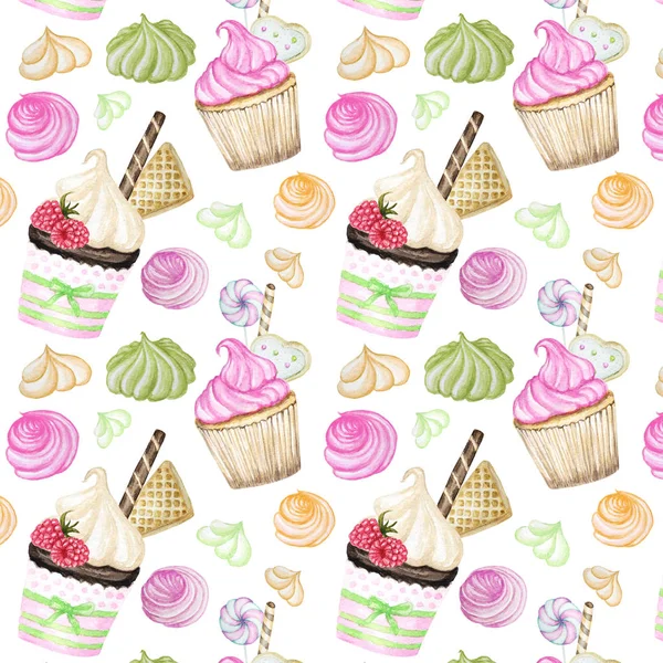 컵 케이크와 밝은 다채로운 달콤한 맛있는 수채화 패턴. 수채화 손 그린 일러스트. — 스톡 사진