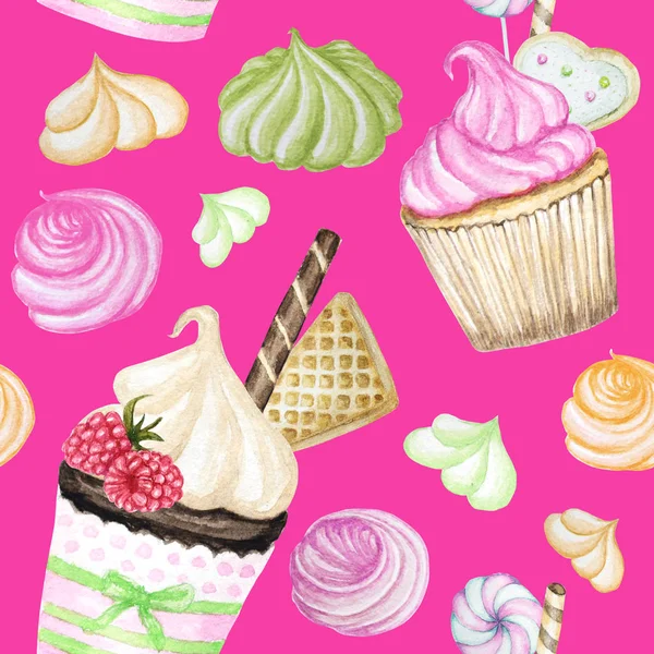 明亮多彩的甜甜水彩无缝图案与纸杯蛋糕。亮粉色背景上的隔离元素 — 图库照片