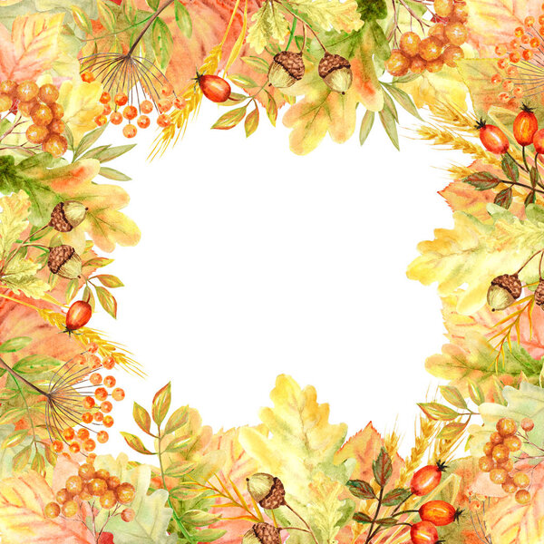 Autumn leaf Frame isolated on a white background. Watercolor autumn leaf hand drawn illustration.