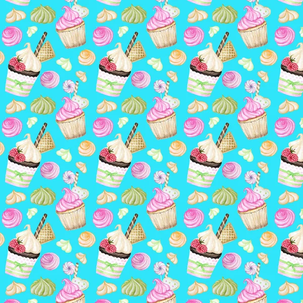 Lumineux coloré Doux motif aquarelle délicieux avec des cupcakes. Aquarelle illustration dessinée à la main . — Photo