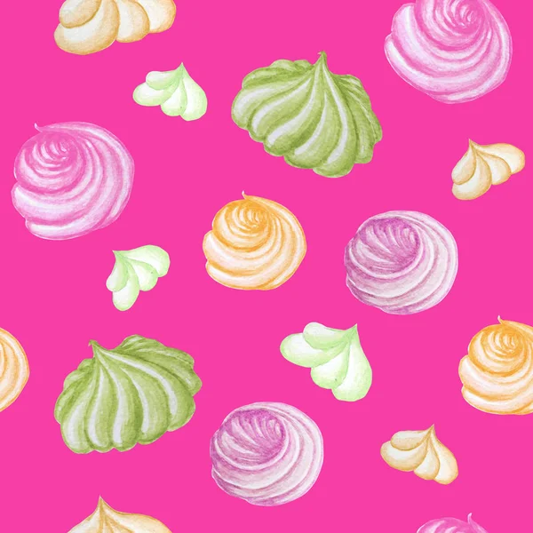 머랭과 다채로운 달콤한 맛있는 수채화 원활한 패턴. 수채화 손 그린 그림입니다. 밝은 배경의 격리된 요소 — 스톡 사진