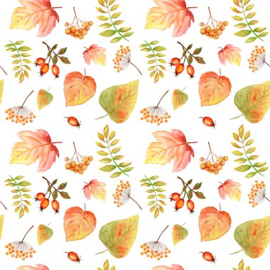 Parlak renkler orman yaprakları ve dalları ile Suluboya Dikişsiz desen. Turuncu, yeşil, sarı ve kırmızı renklerde güzel sonbahar arka plan.