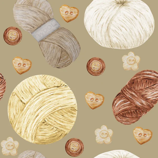수채화 원활한 패턴 취미 뜨개질과 크로 셰 뜨개질, 양모 원사 귀여운. 베이지 색 배경에 뜨개질을위한 손으로 그린 원사 의 컬렉션 — 스톡 사진