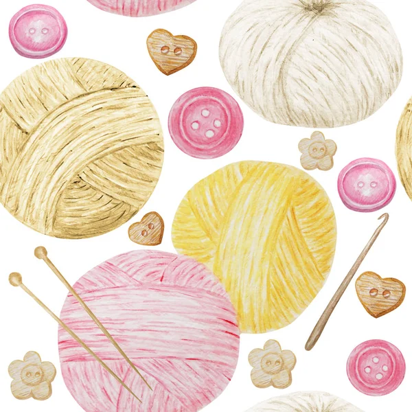 Akvarell sömlösa mönster hobby stickning och virkning, ull garn söt. Insamling av handritade gul, rosa, vit, beige färger bollar av garn för stickning och knappar på vit bakgrund — Stockfoto