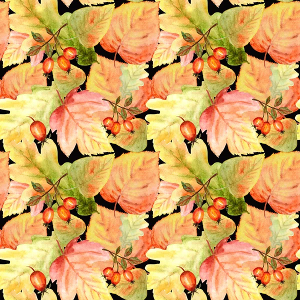 Parlak renkler orman yaprakları ve dalları ile Suluboya Dikişsiz desen. Turuncu, yeşil, sarı ve kırmızı renklerde güzel sonbahar arka plan.