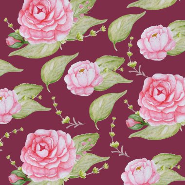 Suluboya Şakayık Çiçekler desen, Pembe Şakayık doku, kırmızı asma arka plan romantik Scrapbook kağıt