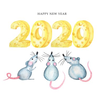 2020 peynir font tebrik kartı. Çin burç 2020 yıl Rat sembolü suluboya karikatür el çizim. Mutlu Çin sıçan yeni yıl kartı. Beyaz arka planda yalıtılmış