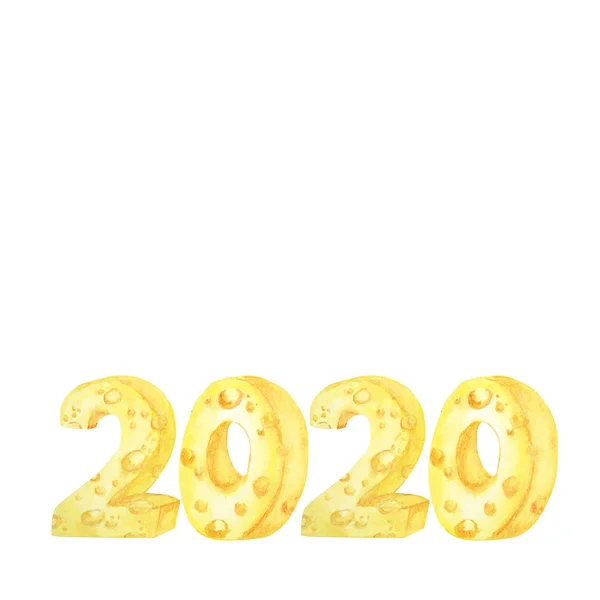 Caratteristica formaggio 2020. Illustrazione ad acquerello disegnata a mano. Felice anno nuovo ratto cinese — Foto Stock