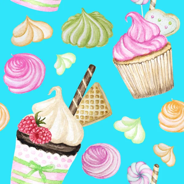 Lumineux coloré Doux délicieux motif aquarelle sans couture avec des cupcakes. Eléments isolés sur fond bleu vif — Photo