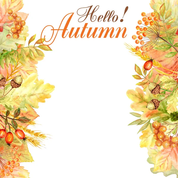 Hello Autumn leaf Frame isolated on a white background. Watercolor autumn leaf hand drawn illustration.