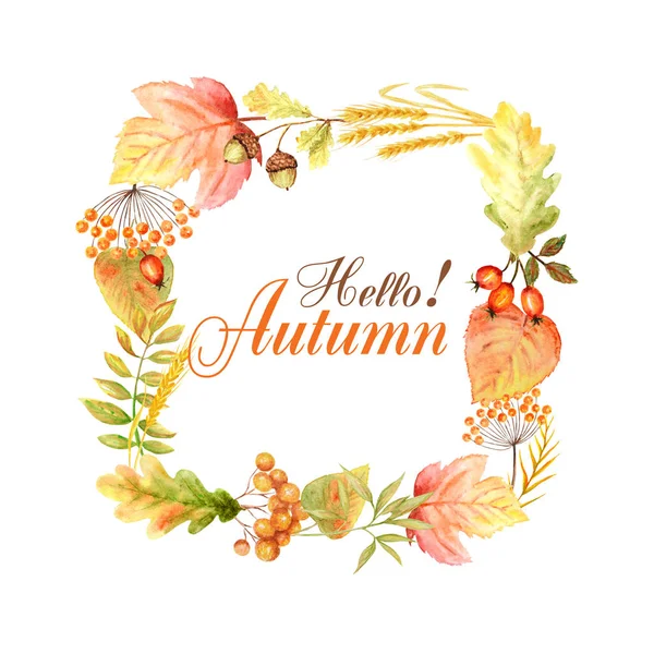 Hello Autumn liść jasne Frame izolowane na białym tle. Akwarela ilustracja jesień liść rysowane ręcznie. — Zdjęcie stockowe
