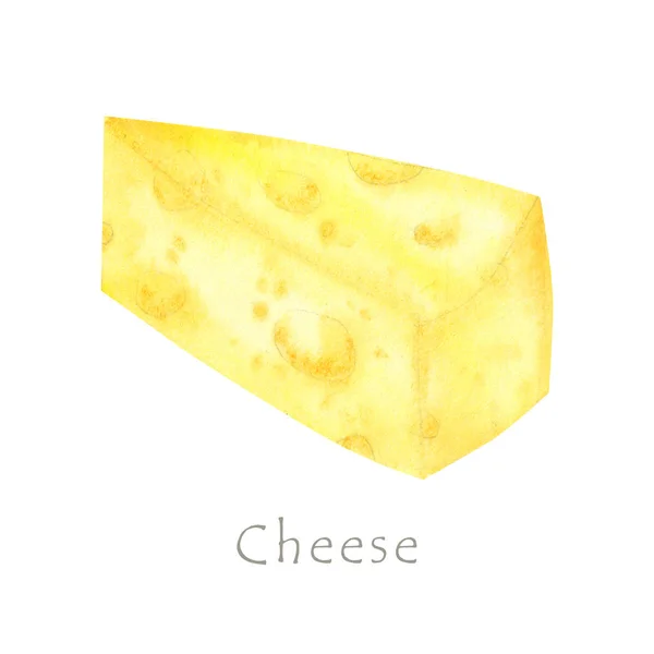 Acuarela dibujo pedazo de queso amarillo triangular. Comida favorita del ratón. Ilustración sobre fondo blanco —  Fotos de Stock