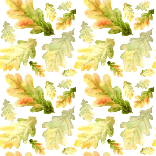 Padrão sem costura aquarela com cores brilhantes folhas de carvalho florestal Fundo de outono bonito em laranja, verde, cores amarelas . — Fotografia de Stock