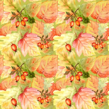 Parlak renkler orman yaprakları ve dalları ile Suluboya Dikişsiz desen. Turuncu, yeşil, sarı ve kırmızı renklerde güzel sonbahar arka plan.