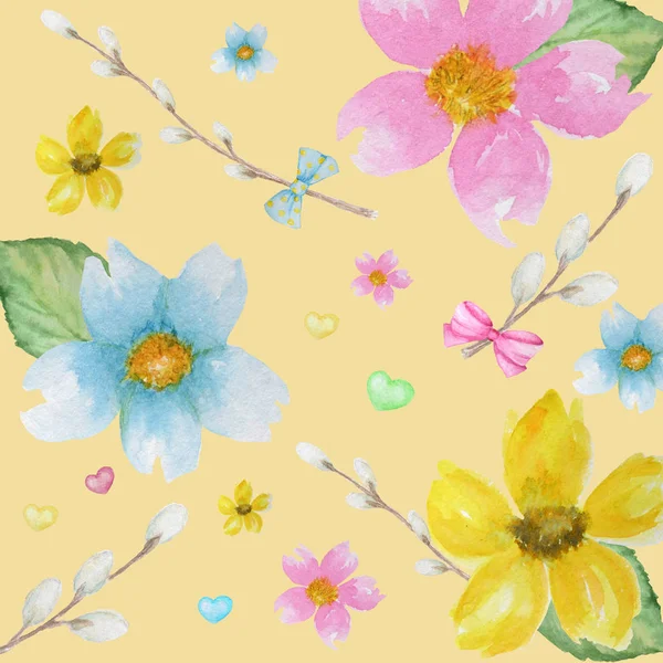 Ανοιξιάτικα λουλούδια, ιτιές, τόξο, μοτίβο καρδιάς. Πράσινο, κίτρινο, γαλάζιο χρώμα ταπετσαρία υφή — Φωτογραφία Αρχείου