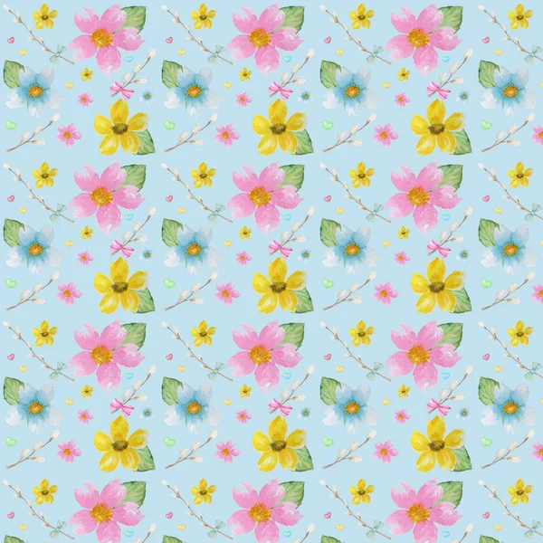 Flores de primavera, sauce, lazo, patrón de fondo del corazón. Verde, amarillo, azul claro colores fondo de pantalla textura — Foto de Stock