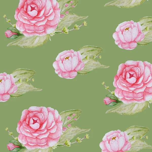 Υδατογραφίες παιωνία λουλούδια μοτίβο, ροζ παιώνιες υφή, ρομαντικό χαρτί λευκώματος σε πράσινο φόντο — Φωτογραφία Αρχείου