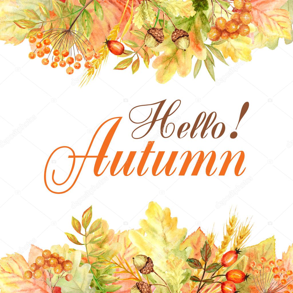 Hello Autumn leaf Frame isolated on a white background. Watercolor autumn leaf hand drawn illustration.
