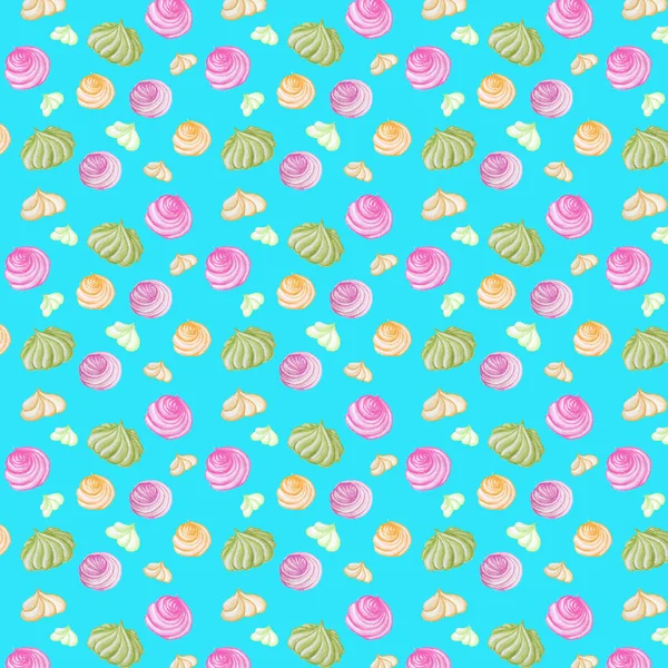 머랭과 다채로운 달콤한 맛있는 수채화 패턴. 수채화 손 그린 그림입니다. 밝은 배경의 격리된 요소 — 스톡 사진